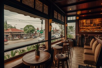 Fototapeta na wymiar CHIANG MAI, THAILAND- JANUARY 1, 2021: Interior design and bar decoration of 'Cool Muang' local specialty coffee bar decorated with wooden furniture and panels with an Old city view, AI generated