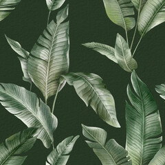 Seamless floral pattern with Banana palm leaves hand-drawn painted in watercolor style. The seamless pattern can be used on a variety of surfaces, wallpaper, textiles or packaging