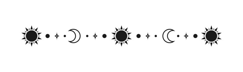 Celestial mystic separator with sun, stars, moon phases, crescents. Ornate boho magical divider decorative element