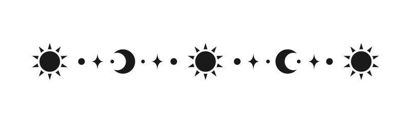 Celestial mystic separator with sun, stars, moon phases, crescents. Ornate boho magical divider decorative element