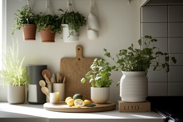 Fototapeta na wymiar Spring-inspired Kitchen Interiors Herbs Generative AI