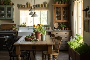 Rustic Spring Kitchen Interiors with Fresh Produce and Farmhouse Charm Generative AI