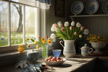 Obraz na płótnie Canvas Kitchen with Fresh Tulips in Warm Sunlight Generative AI