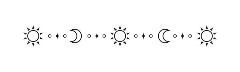 Celestial mystic separator with sun, stars, moon phases, crescents. Ornate boho magical divider decorative element