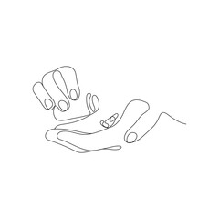Hand holding two medical pills. One line art. Pharmacy, health care concept. Vector illustration.