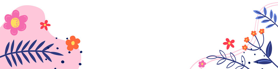 Spring decoration. Colourful blooming flower and leaves on transparent background. Banner. Vector illustration