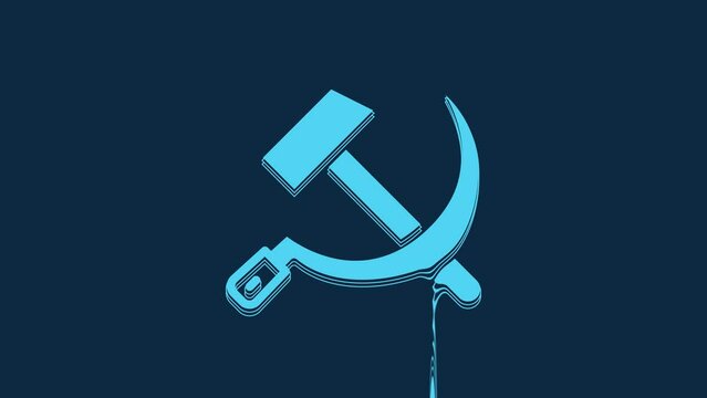 Blue Hammer and sickle USSR icon isolated on blue background. Symbol Soviet Union. 4K Video motion graphic animation