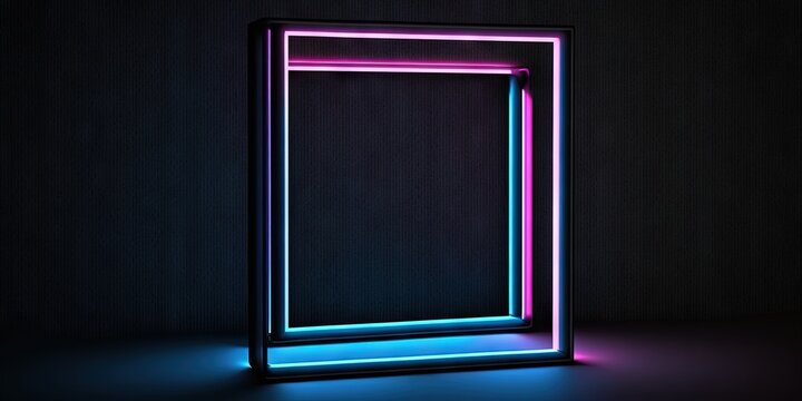 A picture frame with two-tone neon colors and moving blue and pink lights on black background Illustration with empty space, Generative AI