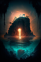 A mysterious island emerges from the depths waters. Generative AI