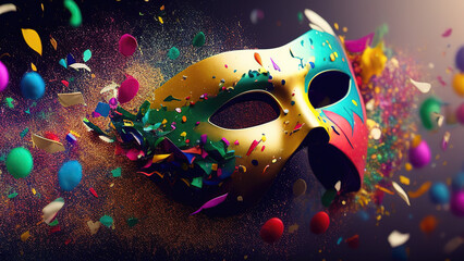 Realistic festive background with ornate masquerade carnival mask, feathers, sequins and confetti. Generative Ai