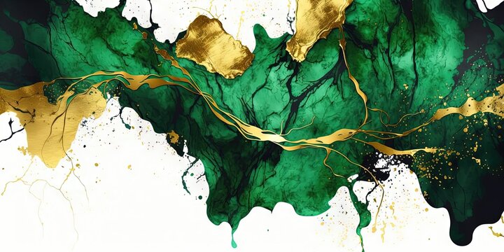 A brush painted watercolor backdrop with green paint splatters and golden veins on a marble texture Classy wallpaper for print, invite, design, Generative AI