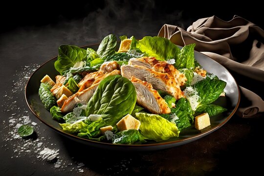 Chicken Caesar Salad With Tender Chicken Pieces And Light Green Lettuce Leaves, Created With Generative Ai