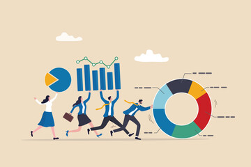 Data driven or data analysis, chart and graph report, analytics, research and optimization, big data or intelligence information, insight concept, business people carrying bar graph and pie chart. - obrazy, fototapety, plakaty