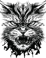 Aggressive angry cat. Muzzle of evil cat. Vector..