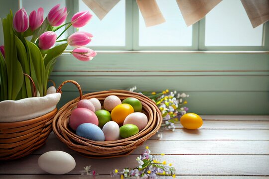  basket with easter eggs on kitchen Generative AI