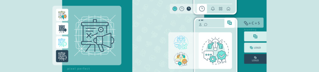 Design studio advertising banner template. Social media promotional materials. Branding. Cover design with linear icons. Editable vector layout for advertising, promotion, web design and social media