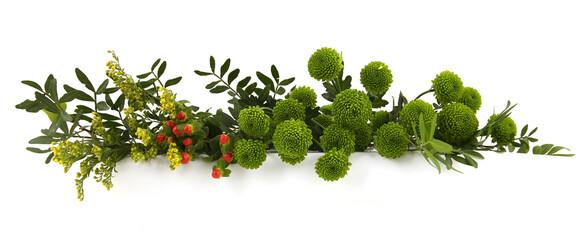 Border of Green Chrysanthemum and herbs isolated on white background. Arrangement of orange flowers...