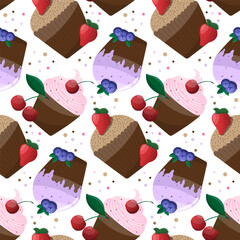 Seamless background with sweet tasty cupcakes with berries and chocolate chips. Wrapping paper, birthday
