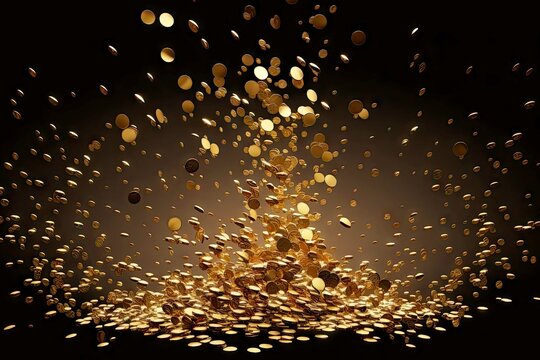 many small gold coins falling as symbol of investment and wealth, created with generative ai