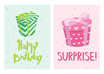 Two birthday greeting cards or banners. Decorated holiday gift box with a bow and the inscription Surprise. Vector cartoon illustration.