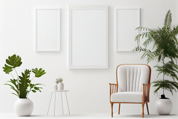 Three empty vertical frame mock-up in white livingroom, with a single upholstered armchair in a clean and minimalist style. White. Illustration. Generative AI