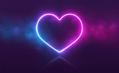 Neon heart with smoke, gradient led border, portal with haze clouds. 3D abstract retro tech background. Vector illustration.
