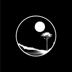 Minimalistic dessert round logo, prairie landscape silhouette white icon on black background, countryside monochrome logotype concept, scenery sketch, tattoo. Vector illustration