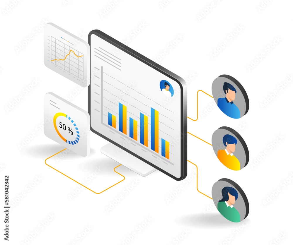 Aufkleber Team computer data analysis isometric flat 3d illustration concept