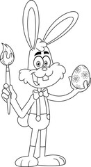 Outlined Happy Cartoon Character Rabbit Painting Easter Eggs. Vector Hand Drawn Illustration Isolated On Transparent Background
