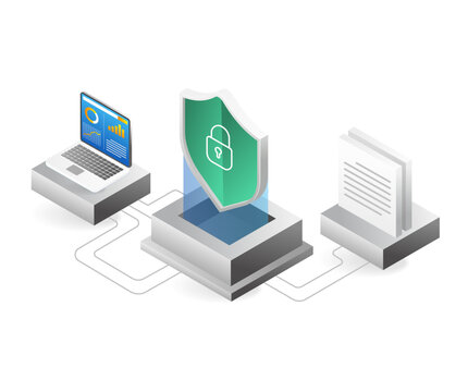 Isometric flat 3d illustration concept of server data security analysis