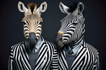 Strikingly Successful: A Zebra Couple Achieving Dreams Together, Creative stock image of animal couple in business suit. Generative AI