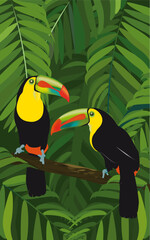 Deux toucans posés sur une branche  au milieu de feuilles tropicales