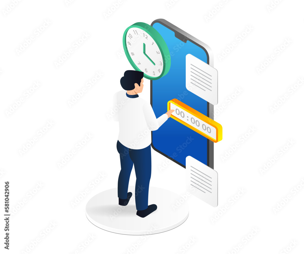 Aufkleber isometric flat 3d illustration concept of man setting clock on smartphone