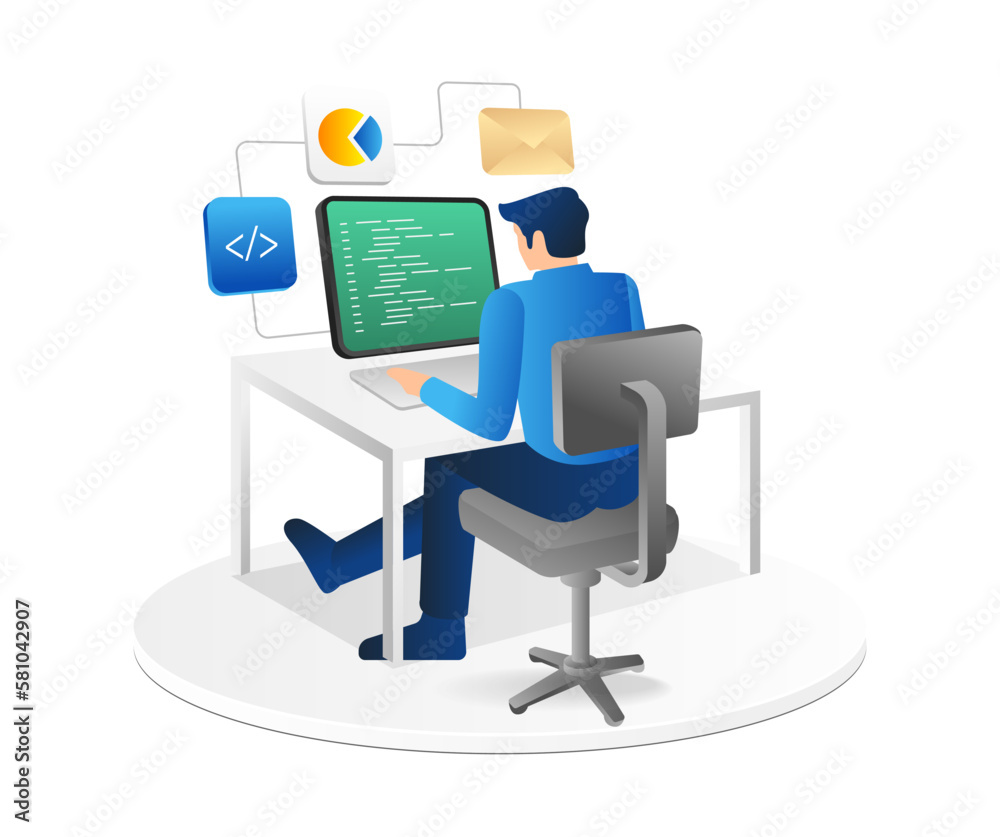Aufkleber Isometric flat 3d illustration concept of man typing program language for web application