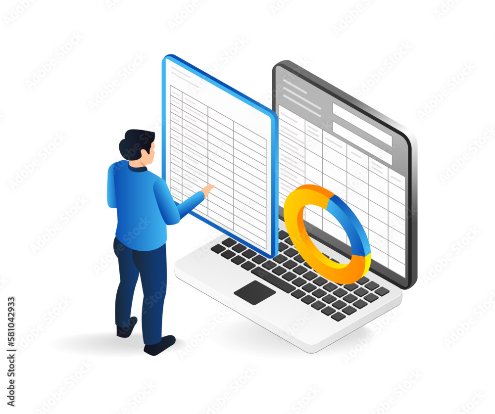 Poster isometric flat 3d illustration concept of man making table with xls