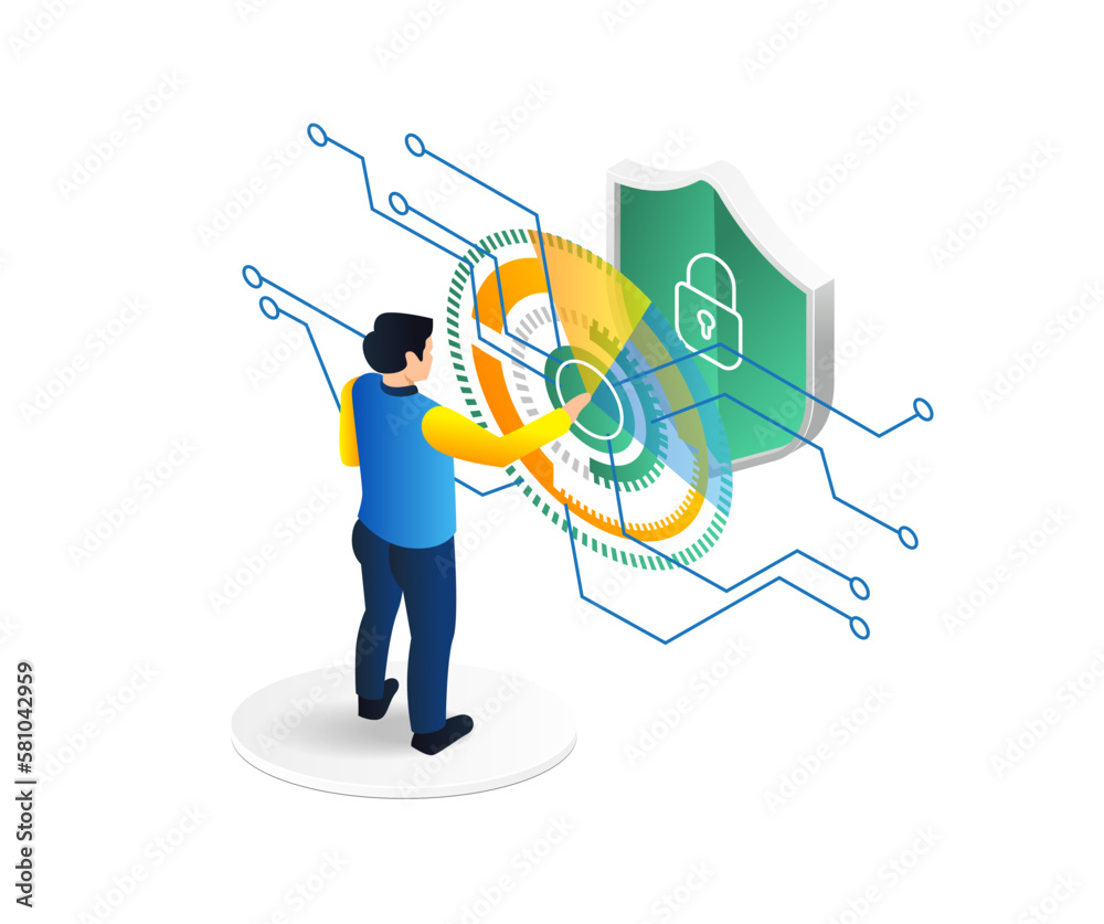 Poster isometric flat 3d illustration concept of man pushing a digital transformation security button