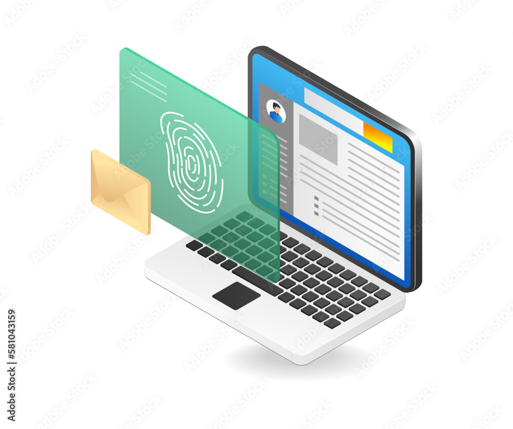 Poster isometric flat 3d illustration concept of personal data with fingerprint safe