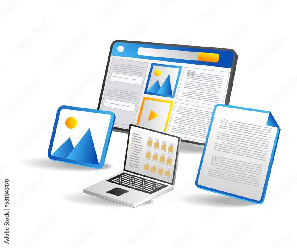Aufkleber isometric flat 3d illustration concept of opening many data folders computer