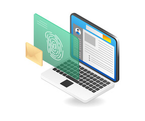 Isometric flat 3d illustration concept of personal data with fingerprint safe