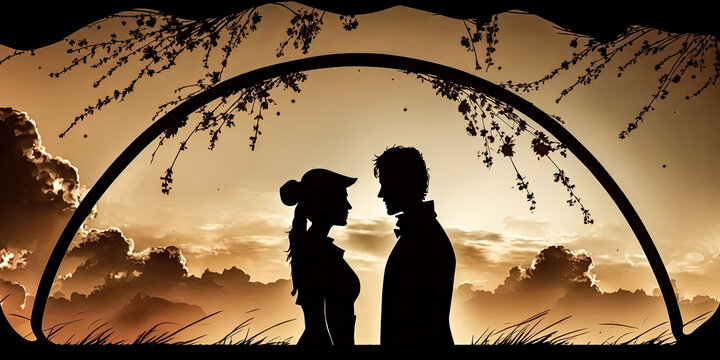 A Silhouette of a couple standing against a sky backdrop is captured in this image - generative ai.