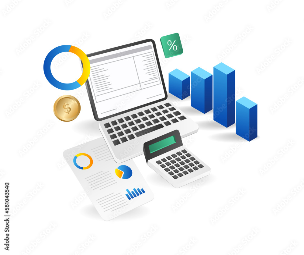 Aufkleber isometric flat 3d illustration concept of computer calculating investment business income