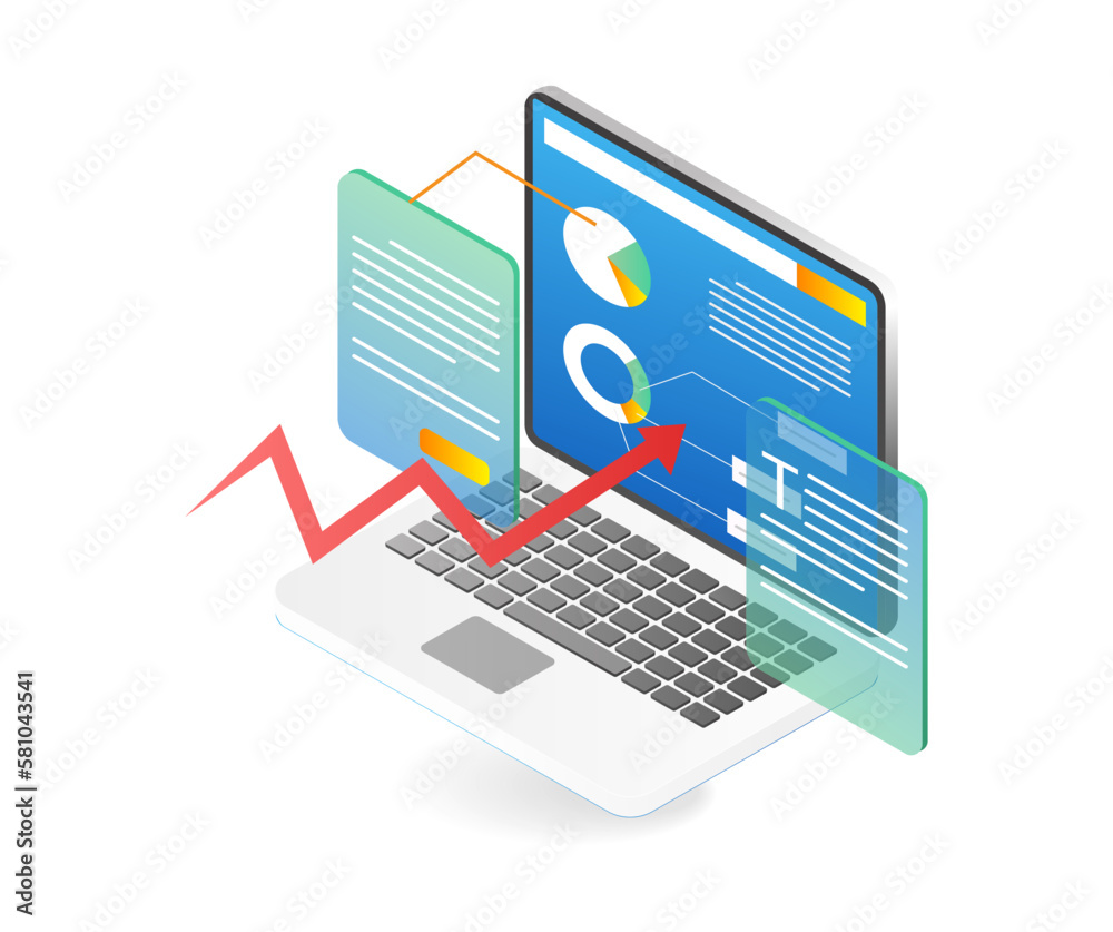 Poster Isometric flat 3d illustration concept of computer data analysis pie chart