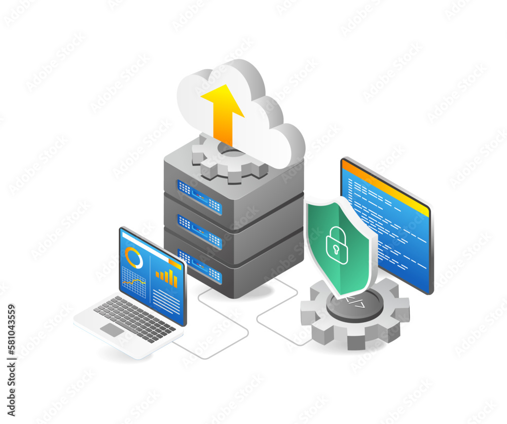 Poster Isometric flat 3d illustration concept of cloud server security program analysis data process