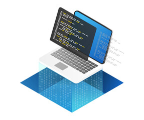 Isometric flat 3d illustration concept of computer code and program language