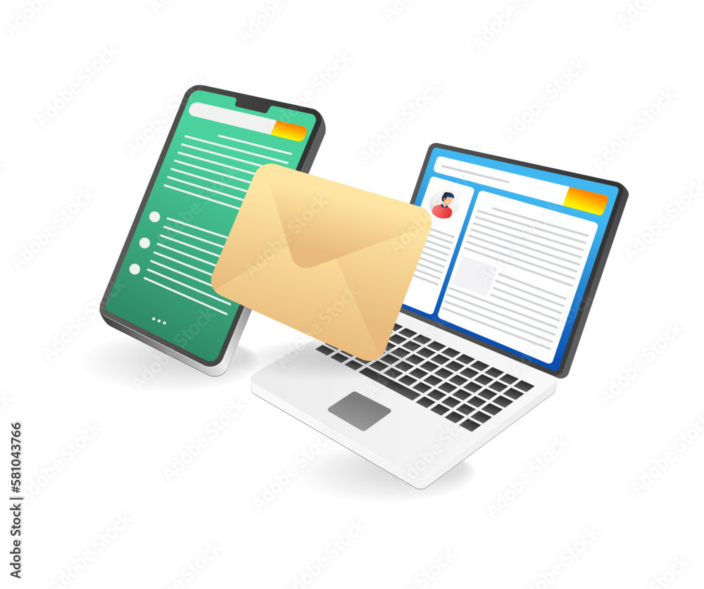 Poster isometric flat 3d illustration concept of emailing smartphone and computer