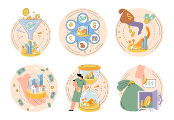 Financial plan or budget planning. Yearly expense management, deposits, tax payments. Person analyzes profit weighing earnings on scales, income and expenses money. Banking safety, profit increase