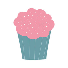 Cartoon cupcake with cream on a white background. Hand drawn illustration in the Scandinavian style