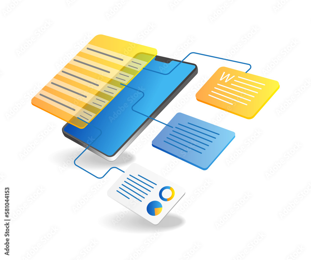 Poster isometric flat 3d illustration concept of app smartphone network test