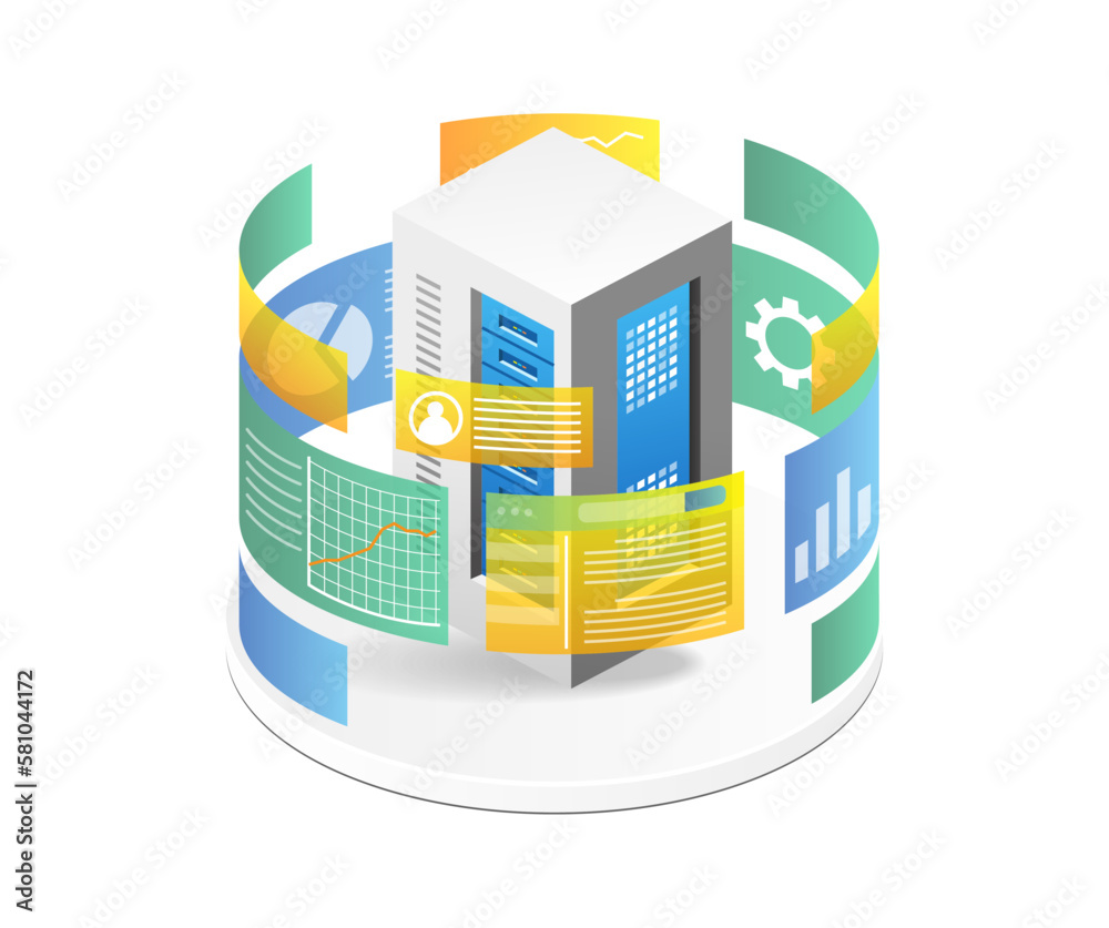 Poster Isometric flat 3d illustration concept of analyzer screen surrounding server