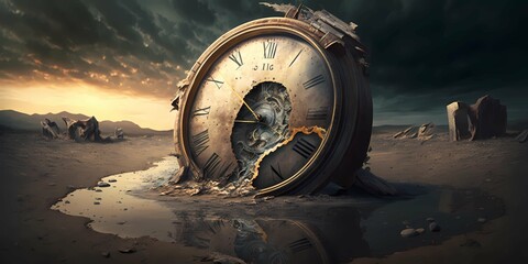 Old clock in a desert world. Passage of time and end time concept. Generative AI
